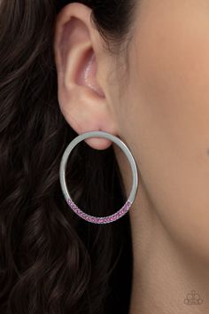 As if dipped in glitter, the bottom of a flat silver hoop is encrusted in dainty pink rhinestones for a classic shimmer. Earring attaches to a standard post fitting.

 Sold as one pair of post earrings. Ball Necklace, Stylish Earring, Paparazzi Accessories, Classic Jewelry, Paparazzi Jewelry, Pink Earrings, Pink Rhinestones, Stylish Jewelry, Rhinestone Earrings