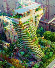 an artist's rendering of a futuristic building with plants growing on the top floor