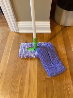 a mop and duster sitting on the floor in front of a door