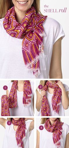 Tie the knot: the Shell Roll, featuring the Soft Fringe Scarf in Clementine Ikat