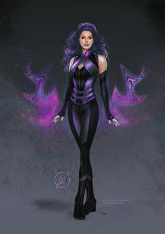 a drawing of a woman in black and purple