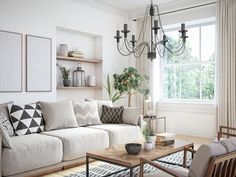 a living room filled with furniture and a chandelier hanging from the ceiling next to a window