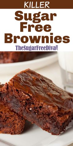 two brownies on a white plate with chocolate frosting and the words killer sugar free brownies