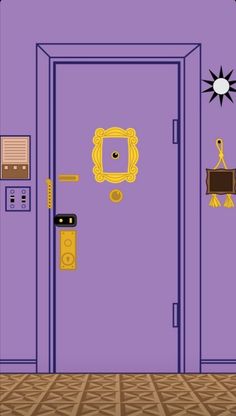 a purple room with an open door and two clocks on the wall next to it