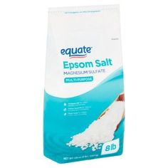 equate epsom salt is shown on a white background with blue water behind it