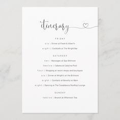 a white wedding ceremony program card with the word's date and heart on it