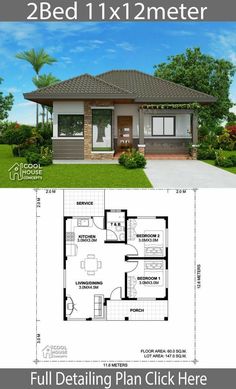 two bedroom house plan with floor plans and measurements for each room in the same area