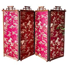 Large C19th Japanese silk and bamboo screen. A truly superb four-fold room divider with silk panels depicting a forest scene with birds and flowers. Each panel features a bamboo crown with faded gilt details, embroidered edging and decorative, fabric covered hinges. The screen is in very good and sturdy condition with some wear consistent with age. A few circular bamboo caps are missing and there is wear to two of the feet, but the screen is solid and very sturdy. The front silk panels, which we Japanese Room Divider, Embroidered Edging, Bamboo Screen, Bamboo Screening, Japanese Room, Birds And Flowers, Japanese Silk, Bamboo Silk, Art Furniture