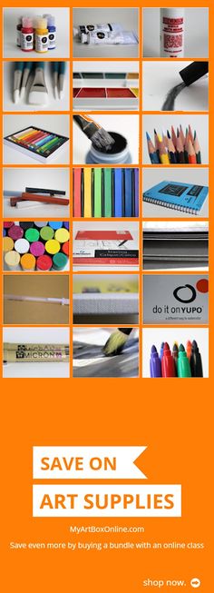 an orange poster with many different types of art supplies