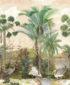 an image of birds and plants in the forest by the water's edge with palm trees on either side