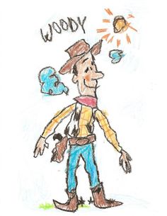 a drawing of a man with a cowboy hat and blue pants, holding a bag