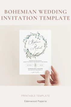 a hand holding up a wedding card with the words bohemian wedding invitation template on it