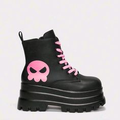 Cartoon Skull Graphic Lace-Up Front Punk Black/Pink Combat Boots Side Zipper Heel 3.3 Inch Round Toe Platform Ankle Boots Upper Material: Microfiber Leather Lining Material: Polyester Insole Material: Polyester Outsole Material: Pur Platform Shoes Drawing, Black And Pink Clothes, Black And Pink Boots, Pink Techwear, Goth Kids Clothes, Pink Punk Outfits, Pastel Punk Outfits, Pink And Black Shoes, Pastel Goth Shoes