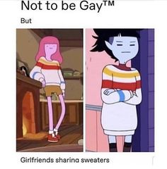 two cartoon characters standing in front of a fireplace with caption that reads, not to be gay but girlfriends sharing sweaters