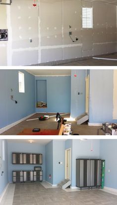 three pictures of the inside of a house being painted in different colors and sizes, including blue walls