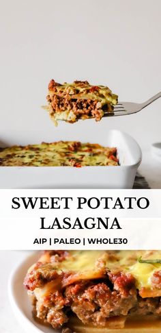 sweet potato lasagna with meat sauce and cheese on top, served in a white dish