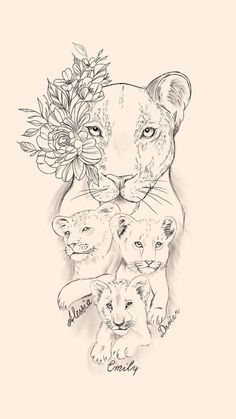 an animal with flowers on its head and two cubs in the foreground, drawn by hand