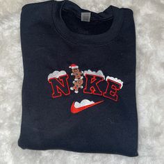 Custom Nike Gingerbread Embroidered Crewneck. Unisex Sizing Embroidered Crewneck Aesthetic, Custom Nike Sweatshirt, Athena Lee, Country Embroidery, Sports Embroidery, Nike Stuff, Crewneck Aesthetic, Holiday Crewneck, Xmas Sweaters