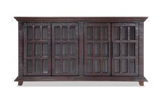 a wooden cabinet with glass doors on the front and side panels in dark brown wood