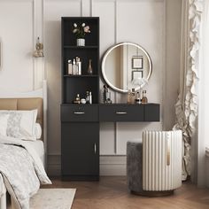 a bedroom with a vanity, mirror and stool in it's corner area next to a bed