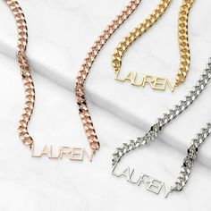 Go for a timeless look with this classic name necklace. Nameplate in a standard Arial font hangs from an 18" curb chain that includes a 3" extender. Perfectly neutral enough to wear with everything in your wardrobe. Pair with our matching bracelet to create a spectacular ensemble for yourself, or to give as a thoughtful gift to someone special. Comes in gorgeous Gold, shimmering Silver or radiant Rose Gold. Personalization cannot contain any special characters, emojis or shapes. Size: one size. Arial Font, Classic Names, Matching Bracelet, Matching Bracelets, Special Characters, Curb Chain, Name Plate, Name Necklace, Classic Looks