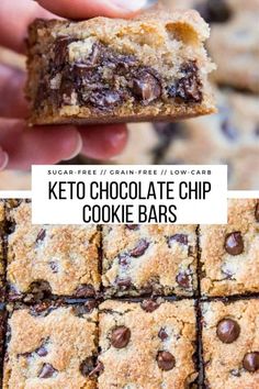 a person holding up a chocolate chip cookie bar in front of the camera with text overlay that reads keto chocolate chip cookie bars