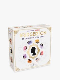 the bridgerton board game is shown in its cardboard box, with an image of a woman's head on it