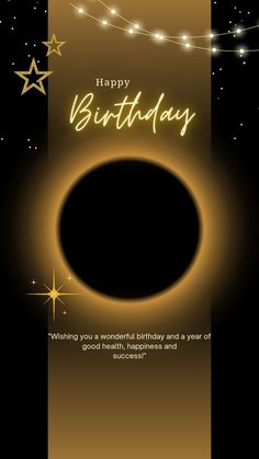 a happy birthday card with an image of a black hole in the middle and stars around it