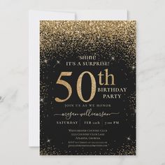 black and gold 50th birthday party card with glitter on the front, it's a surprise