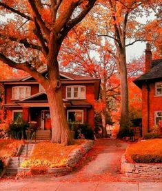 a red brick house surrounded by trees with orange leaves