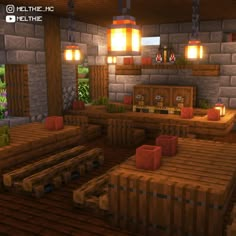 the interior of a minecraft restaurant with wooden tables and benches in front of brick walls