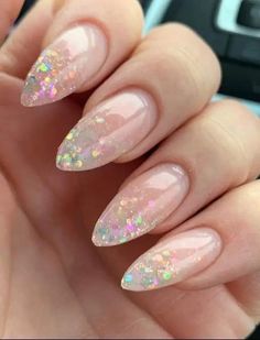 Short Almond Nails Glitter Ombre, Clear Nail Designs Almond, Opal Style Nails, Glitter Ombré Almond Nails, Almond Nail Inspo Glitter, Dip Nail Glitter, Clear Almond Nails With Design, Ombre Glitter Almond Nails, Clear Opal Nails