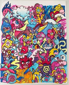 an image of a bunch of cartoon characters on a white background with blue and pink colors