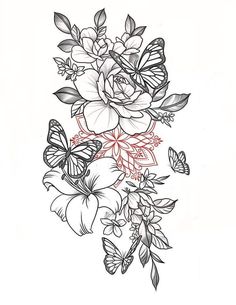 a drawing of flowers and butterflies on a white background