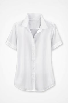 What’s even better than no-iron? The same wrinkle-free ease in a style that also repels most stains for up to 30 washes – so it stays crisper, cleaner, longer. Back yoke, shirttail hem. Imported. | Women's Short Sleeve Stain Stop No-Iron Shirt - Daffodil - 6P - Petite Size White Short Sleeve Shirt, White Collared Shirt, Iron Shirt, Uniform Shirts, Short Sleeve Tunic, White Shirt Dress, Hem Style, Women Shirts Blouse, A Style