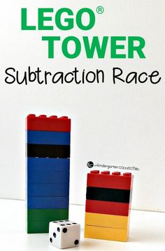 the lego tower subtraction race is shown with two dices in front of it