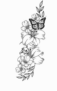 a line drawing of flowers and a butterfly