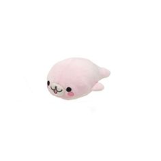 a pink stuffed animal laying on top of a white surface