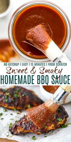 homemade bbq sauce in a jar with a wooden spatula