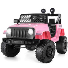 a pink toy jeep with lights on it's front and rear wheels, is shown