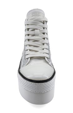 Allover crystals bring dazzling glamour to a sporty high-top sneaker set on a lofty platform sole. 2 1/4" platform Textile upper/leather lining/synthetic sole Imported Platform Sneaker, White Canvas, High Top, High Top Sneakers, High Tops, Womens Sneakers, Nordstrom, Size 10, Crystals