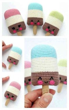 crocheted ice cream pops are shown in three different pictures