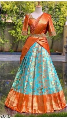 Kanchipattu Half Sarees, Halfsarees Traditional, Fancy Half Sarees, Kanchipattu Lehenga, Traditional Half Saree Designs, Saree Function, Banarasi Fabric, Half Saree Function, Lehenga Saree Design