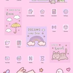 some stickers that are on the side of a pink wall with clouds and cats