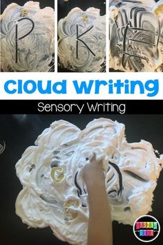 the process to make cloud writing with white frosting and black letters on it, including one