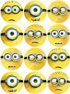 a set of twelve minion faces with different expressions and eyes, all in yellow