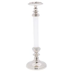 a glass candle holder with two candles on the top and one in the middle, standing upright