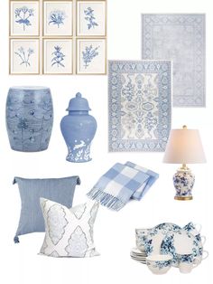 a blue and white color scheme with vases, plates, lamps, rugs