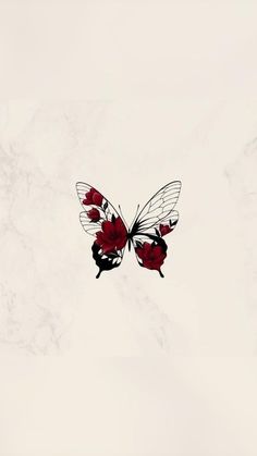 a butterfly with red flowers on its wings flying through the air in front of a white background