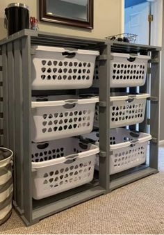 several baskets are stacked on top of each other